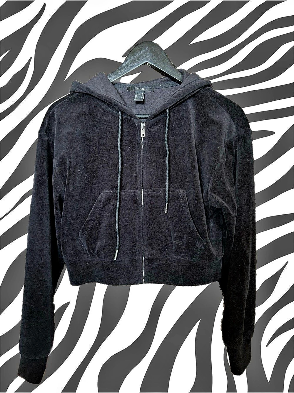Forever 21 Velour Zip-Front Hoodie Black Size Small